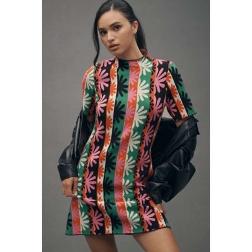 NWT Anthropologie Mock Neck Sweater Dress XS Mod Bold Colorful Boho Floral